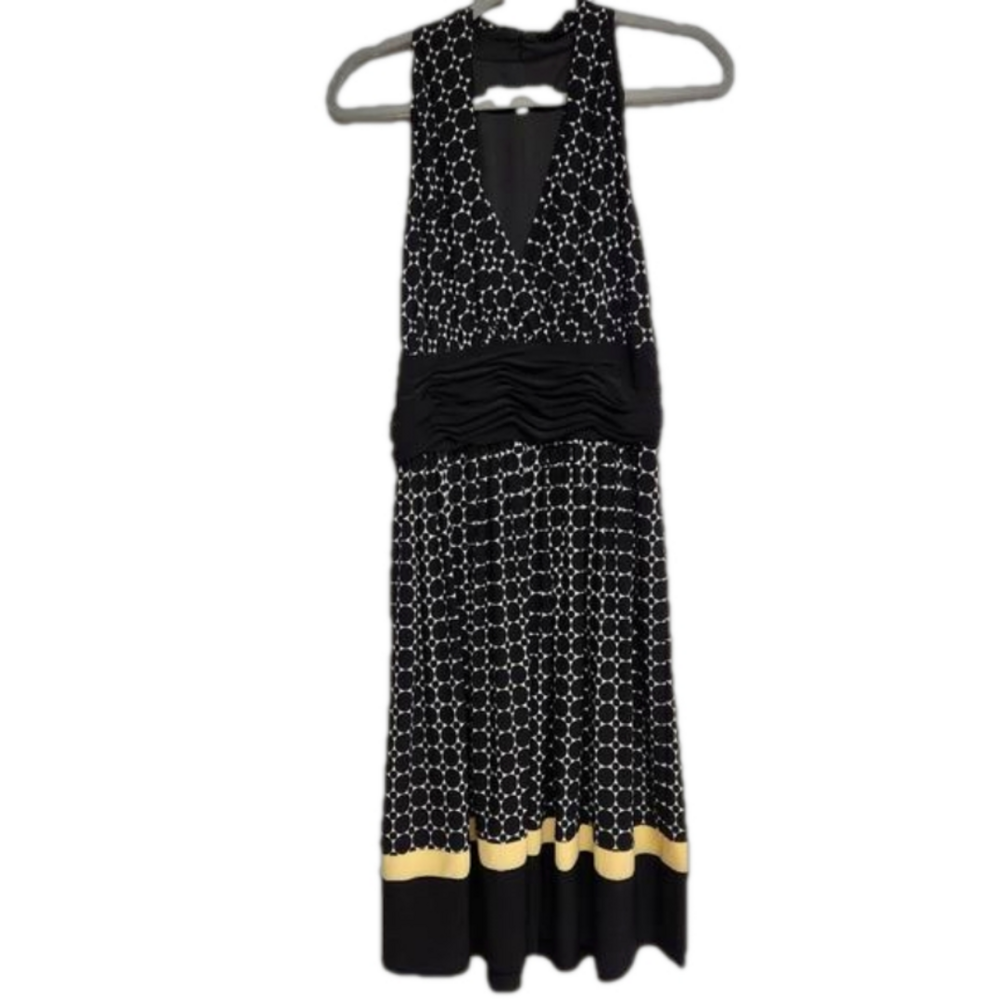 Evan Picone sleeveless halter midi dress in black, white and yellow. size 14 NWT